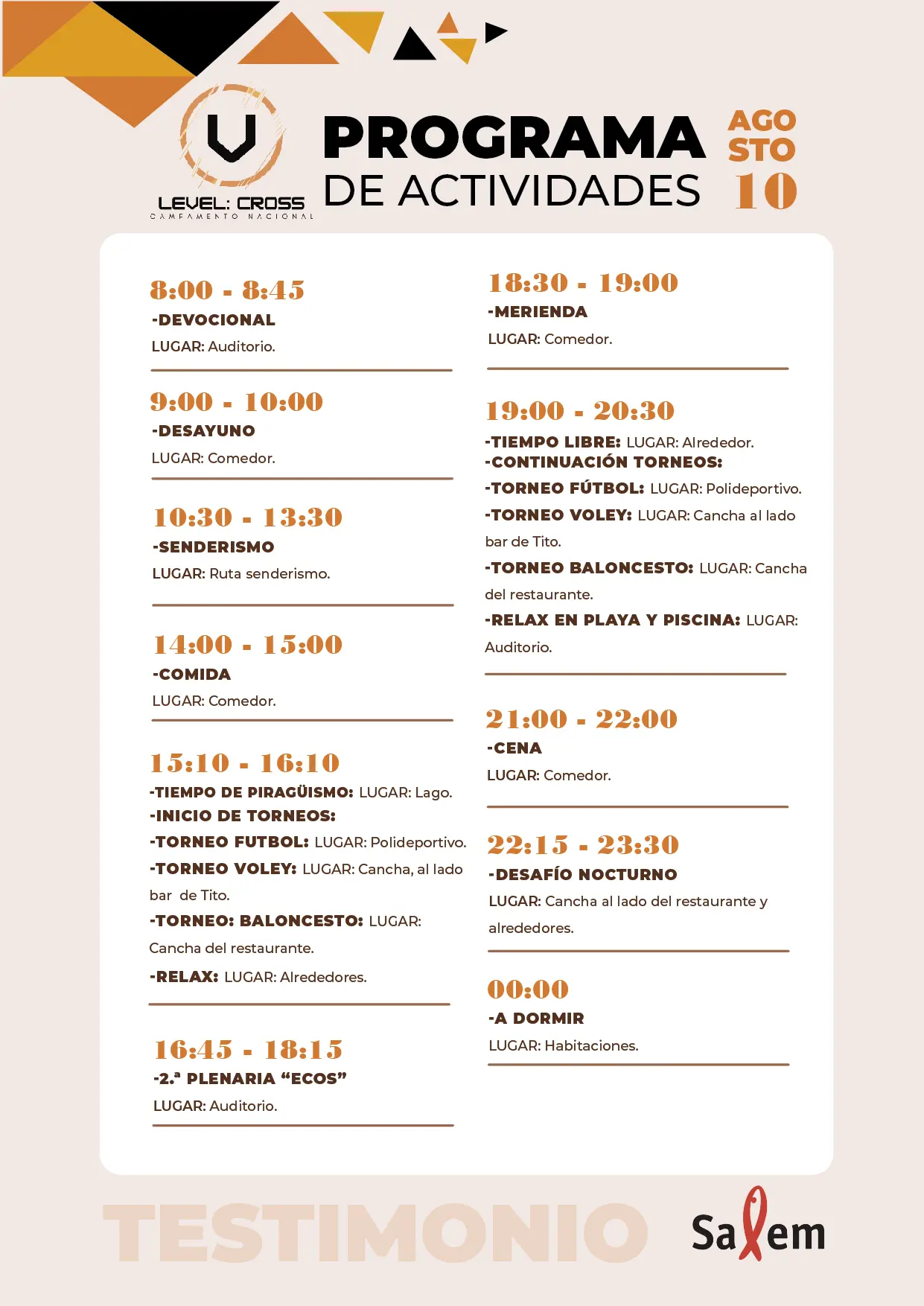 Cronograma del domingo 10 de agosto