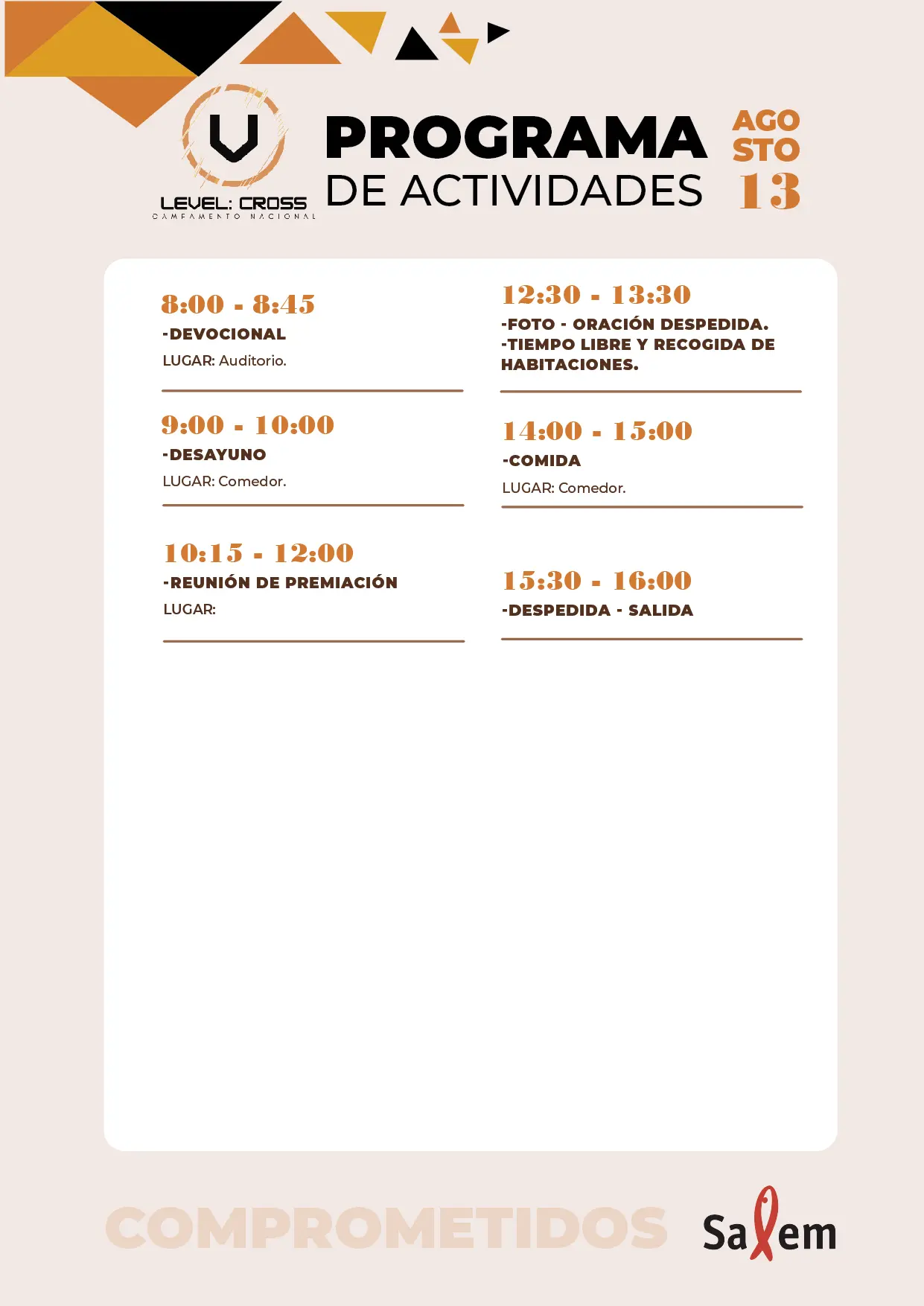 Cronograma del miércoles 13 de agosto